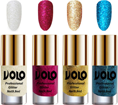 

Volo Professionally Used Glitter Shine Nail Paint Combo Pack of 4 White Nail Art And Glitter, Magenta Glitter, Golden Glitter, Sky Blue Glitter(Pack of 4)