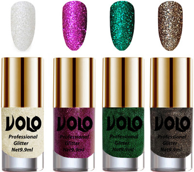 

Volo Professionally Used Glitter Shine Nail Paint Combo Pack of 4 White Nail Art And Glitter, Purple Glitter, Dark Green Glitter, Dark Grey Glitter(Pack of 4)