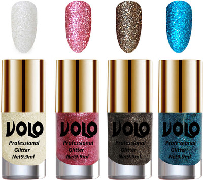 

Volo Professionally Used Glitter Shine Nail Paint Combo Pack of 4 White Nail Art And Glitter, Pink Glitter, Dark Grey Glitter, Sky Blue Glitter(Pack of 4)