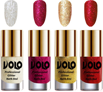 

Volo Professionally Used Glitter Shine Nail Paint Combo Pack of 4 White Nail Art And Glitter, Magenta Glitter, Golden Glitter, Red Glitter(Pack of 4)