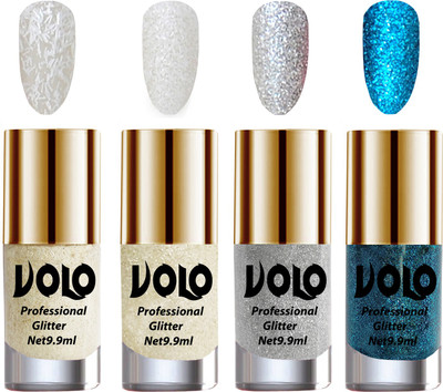 

Volo 4 nail polish White Nail Art And Glitter, White Nail Art And Glitter, Silver Glitter, Sky Blue Glitter(Pack of 4)