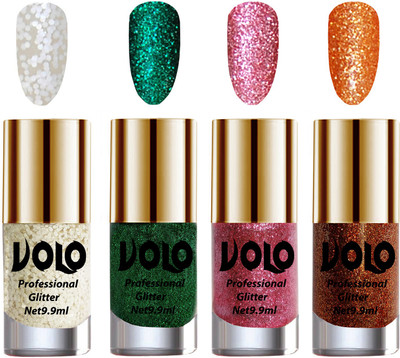 

Volo Professionally Used Glitter Shine Nail Paint Combo Pack of 4 White Nail Art And Glitter, Dark Green Glitter, Pink Glitter, Light Orange Glitter(Pack of 4)