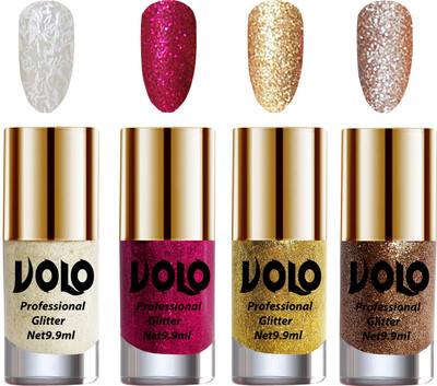 

Volo Professionally Used Glitter Shine Nail Paint Combo Pack of 4 White Nail Art And Glitter, Magenta Glitter, Golden Glitter, Light Golden Glitter(Pack of 4)