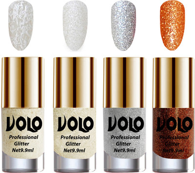 

Volo Professionally Used Glitter Shine Nail Paint Combo Pack of 4 White Nail Art And Glitter, White Nail Art And Glitter, Silver Glitter, Light Orange Glitter(Pack of 4)