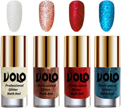 

Volo Professionally Used Glitter Shine Nail Paint Combo Pack of 4 White Nail Art And Glitter, Peach Glitter, Red Glitter, Sky Blue Glitter(Pack of 4)