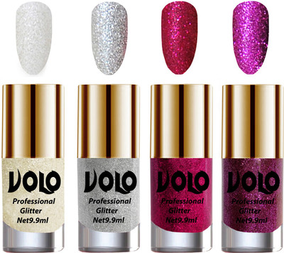 

Volo Professionally Used Glitter Shine Nail Paint Combo Pack of 4 White Nail Art And Glitter, Silver Glitter, Magenta Glitter, Purple Glitter(Pack of 4)