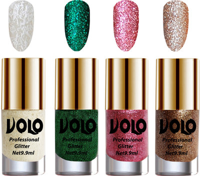 

Volo Professionally Used Glitter Shine Nail Paint Combo Pack of 4 White Nail Art And Glitter, Dark Green Glitter, Pink Glitter, Light Golden Glitter(Pack of 4)