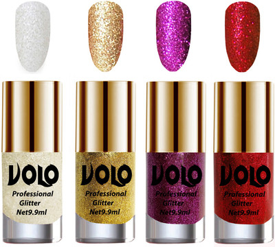 

Volo Professionally Used Glitter Shine Nail Paint Combo Pack of 4 White Nail Art And Glitter, Golden Glitter, Purple Glitter, Red Glitter(Pack of 4)