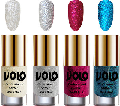 

Volo 4 nail polish White Nail Art And Glitter, Silver Glitter, Magenta Glitter, Sky Blue Glitter(Pack of 4)