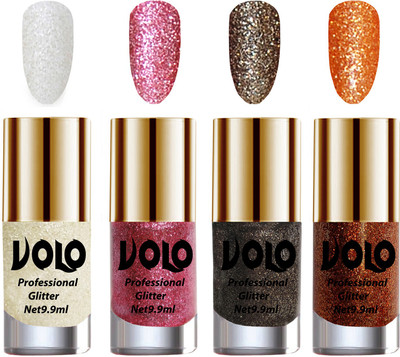 

Volo Professionally Used Glitter Shine Nail Paint Combo Pack of 4 White Nail Art And Glitter, Pink Glitter, Dark Grey Glitter, Light Orange Glitter(Pack of 4)