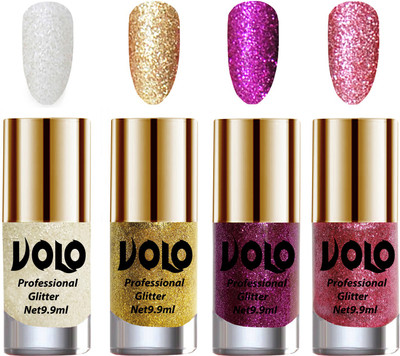 

Volo Professionally Used Glitter Shine Nail Paint Combo Pack of 4 White Nail Art And Glitter, Golden Glitter, Purple Glitter, Pink Glitter(Pack of 4)