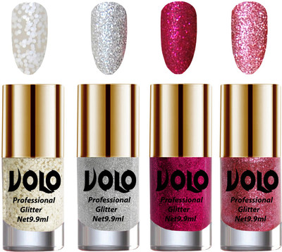 

Volo Professionally Used Glitter Shine Nail Paint Combo Pack of 4 White Nail Art And Glitter, Silver Glitter, Magenta Glitter, Pink Glitter(Pack of 4)