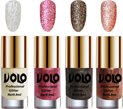 

Volo Professionally Used Glitter Shine Nail Paint Combo Pack of 4 White Nail Art And Glitter, Pink Glitter, Dark Grey Glitter, Peach Glitter(Pack of 4)