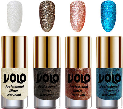 

Volo Professionally Used Glitter Shine Nail Paint Combo Pack of 4 White Nail Art And Glitter, Dark Grey Glitter, Peach Glitter, Sky Blue Glitter(Pack of 4)
