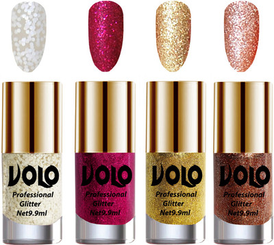 

Volo Professionally Used Glitter Shine Nail Paint Combo Pack of 4 White Nail Art And Glitter, Magenta Glitter, Golden Glitter, Peach Glitter(Pack of 4)