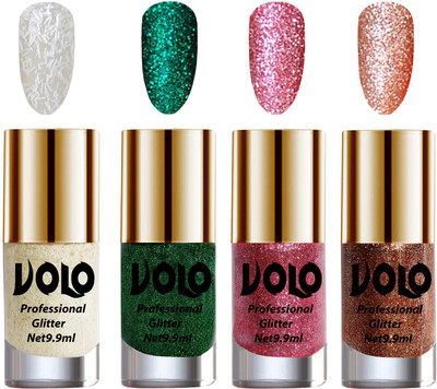 

Volo Professionally Used Glitter Shine Nail Paint Combo Pack of 4 White Nail Art And Glitter, Dark Green Glitter, Pink Glitter, Peach Glitter(Pack of 4)