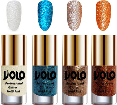 

Volo Professionally Used Glitter Shine Nail Paint Combo Pack of 4 White Nail Art And Glitter, Sky Blue Glitter, Light Golden Glitter, Light Orange Glitter(Pack of 4)