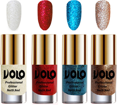 

Volo Professionally Used Glitter Shine Nail Paint Combo Pack of 4 White Nail Art And Glitter, Red Glitter, Sky Blue Glitter, Light Golden Glitter(Pack of 4)