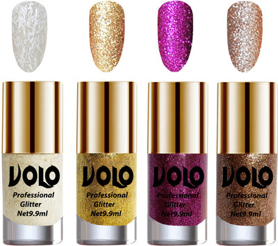 

Volo Professionally Used Glitter Shine Nail Paint Combo Pack of 4 White Nail Art And Glitter, Golden Glitter, Purple Glitter, Light Golden Glitter(Pack of 4)