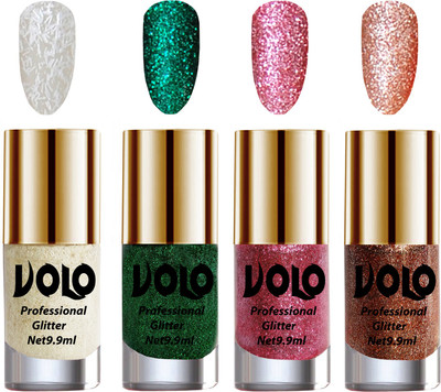 

Volo Professionally Used Glitter Shine Nail Paint Combo Pack of 4 White Nail Art And Glitter, Dark Green Glitter, Pink Glitter, Red Glitter(Pack of 4)