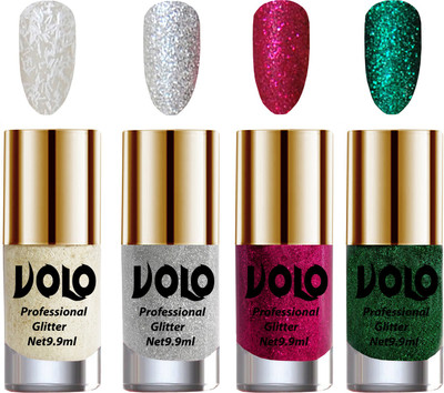 

Volo Professionally Used Glitter Shine Nail Paint Combo Pack of 4 White Nail Art And Glitter, Silver Glitter, Magenta Glitter, Dark Green Glitter(Pack of 4)