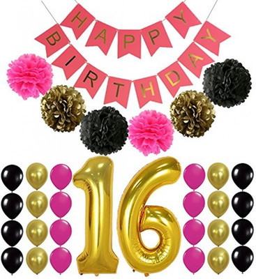 

Theme My Party 16th Birthday Decoration Party Supplies - Banner, Balloons and Pom Poms