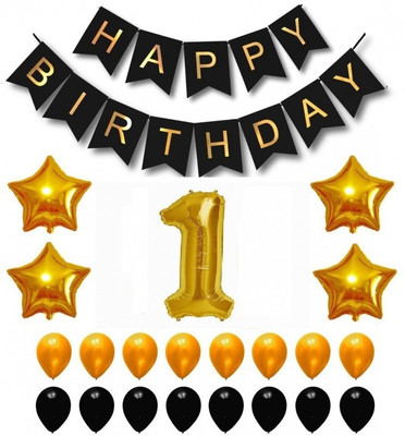 

Theme My Party Happy Birthday Party Balloons, Supplies & Decorations Set, Black & Gold