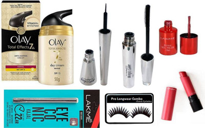 

Pro longwear combo Eyelashes WIth Brooke Candy Eyeliner & Mascara And Eyeconic Kajal,Olay Total Effect 7 in one Anti-Ageing Cream 50 gm & Liptensity Lipstick With Lakme Nail polish(Set of 7)