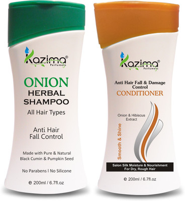 

KAZIMA ONION HERBAL Shampoo 200ML + Anti Hair fall & Damage Control Conditioner (200ml) with Multi Vitamins & Milk Proteins (All Types of Hair) For Anti Hair Fall Control, Hair Strengthening With Onion juice, Argan & Almond Oil (Volumizing - New & Improve