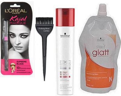 

Pro longwear combo Hair Brush,Hair Straightening Cream Glatt&Hair Repair Rescue Reversilane Shampoo 250ml&Kajal Magique 0.35 g(Set of 4)