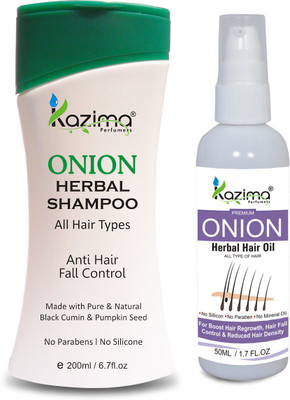 

KAZIMA ONION Herbal Hair Oil (50 ML) + ONION HERBAL SHAMPOO 200ML (2 PCS Combo Pack ) with Multi Vitamins & Milk Proteins Ideal For Fast Hair Growth, Removes Anti Hair Dandruff & Hair lice, Anti Hair Fall Control, Healthy Hair Scalp, Nourishment to the Ha