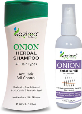 

KAZIMA ONION Herbal Hair Oil (100 ML) + ONION HERBAL SHAMPOO 200ML (2 PCS Combo Pack ) with Multi Vitamins & Milk Proteins Ideal For Fast Hair Growth, Removes Anti Hair Dandruff & Hair lice, Anti Hair Fall Control, Healthy Hair Scalp, Nourishment to the H