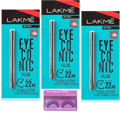 

Pro longwear combo Eyelashes, Eyeconic Deep Black Kajal Set Of 3(Set of 4)