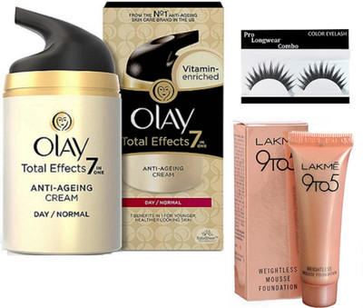 

Pro longwear combo Eeyelashes&Olay Total Effects 7-in-1 Anti Aging Day Skin Cream, Normal,Lakme 9 To 5 Weightless Mousse Foundation 6gm(Set of 3)