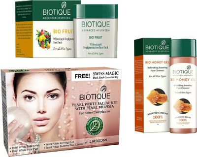 

BIOTIQUE BIO Bio Fruit Face Pack, Bio Pearl White Facial Kit, Bio Honey Gel Refreshing Foaming Face Cleanser For All Skin Types(Set of 3)