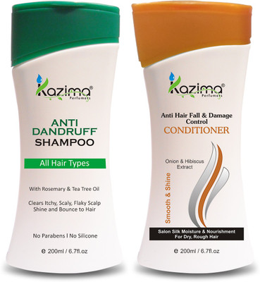 

KAZIMA Anti Dandruff Shampoo (200ml) + Anti Hair fall & Damage Control Conditioner (200ml) For Removes Anti Hair Dandruff & Hair lice | Healthy Scalp | Nourishment to the Hair Shaft & Shining, Clears Itchy, Scaly, Flaky Scalp Shine and Bounce to Hair(Set 