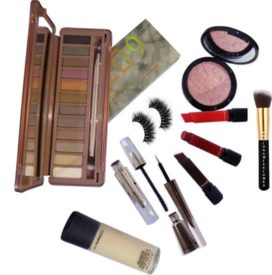 

Pro longwear combo Eyelashes,Brush,Naked 9 Eyeshadow Palette,Mac Brooke Candy Eyeliner,Mascara,MatchMaster Foundation,Liptensity Lipstick Pack Of 3,Anastasia Illuminator Compact(Set of 10)