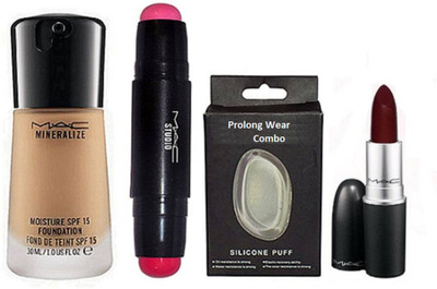 

Pro longwear combo Silicon Puff&Minralize Moisture spf 15 Foundation,Mac Lipstick Matte Finish Maroon,Studio Quiktrik Stick Multi Usage Bouble Embout(Set of 4)
