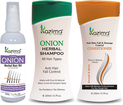 

KAZIMA ONION Herbal HAIR OIL (50 ML) + ONION HERBAL SHAMPOO 200ML + Anti Hair Fall & Damage Control CONDITIONER 200ML(3 PCS Combo Pack ) with Multi Vitamins & Milk Proteins Ideal For Fast Hair Growth, Removes Anti Hair Dandruff & Hair lice, Anti Hair Fall
