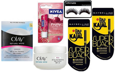 

Ultimate Of Eyelashes, Olay All-in-One SPF 24 Day Fairness Cream 50g With Colossal Super Black Kajal Set Of 2 & Nivea Fruit Shine Kiraz Lip Balm(Set of 5)