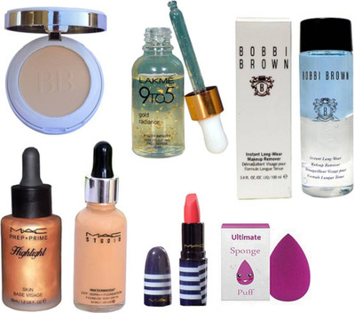 

Ultimate Sponge Puff With Lakme 9to5 gold radiance youth infinity skin scilpting Face Serum with Bobbi Brown Instant Long-Wear Makeup & Mac Prep+Prime Highliter And Studio Waterweigh Foundation With Matte finish lipstick & Colorbar Compact(Set of 7)