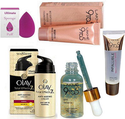 

Ultimate Sponge Puff With 9to5 Gold Radiance Face serum & Infallible Primer & mousse Foundation,Olay total effect 7 in one Anti-Ageing Cream(Set of 5)
