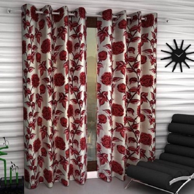 Panipat Textile Hub 274 cm (9 ft) Polyester Semi Transparent Long Door Curtain (Pack Of 2)(Floral, Red)