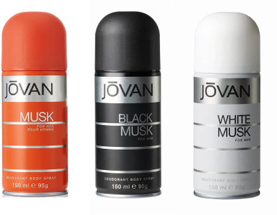 

Jovan Musk, Black Musk and White Musk Deodorant Body Spray For Men 150ML Each (Pack of 3) Deodorant Spray - For Men(450 ml, Pack of 3)