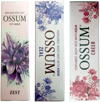 

OSSUM ZEAL PERFUMED BODY MIST 115 ML+CHEER PERFUMED BODY MIST 115 ML+ZEST PERFUMED BODY MIST 115 ML Deodorant Spray - For Men & Women(115 ml, Pack of 3)