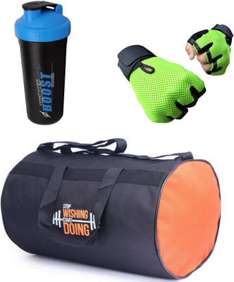 

Vellora High Quality Gym Bag And Gym Glove With Thunder Boost Shaker Wrist Support Combo Gym & Fitness Kit