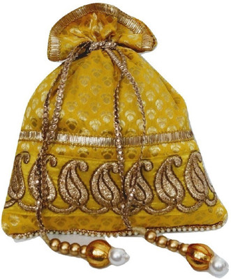 

Tweedle Yellow Ethnic Handcrafted Silk Brocade Potlibag for Women Potli(Yellow)