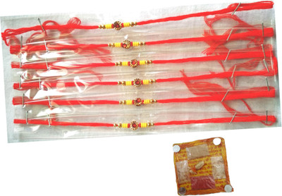 Rakhi Combo of 6 Ethnic Rakhi for Brother with 2 packs of Roli Chaval Thread RK18023 Assorted Rakhi  Set(6 Ethnic Rakhis along with 2 packs of Roli Chaval.)