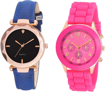 

COSMIC Fancy Diamond Cut Geneva-blue strap watch with silicon strap pink girls Watch - For Women