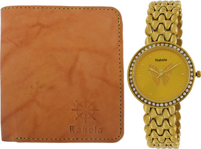 Rabela Wallet, Analog Watch Combo(Tan, Yellow)